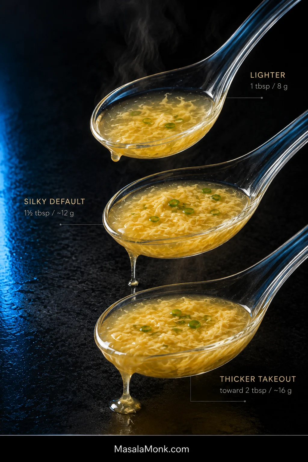 Three clear soup spoons compare lighter, silky-default, and thicker egg drop soup, labeled with 1 tablespoon, 1½ tablespoons, and about 2 tablespoons cornstarch.