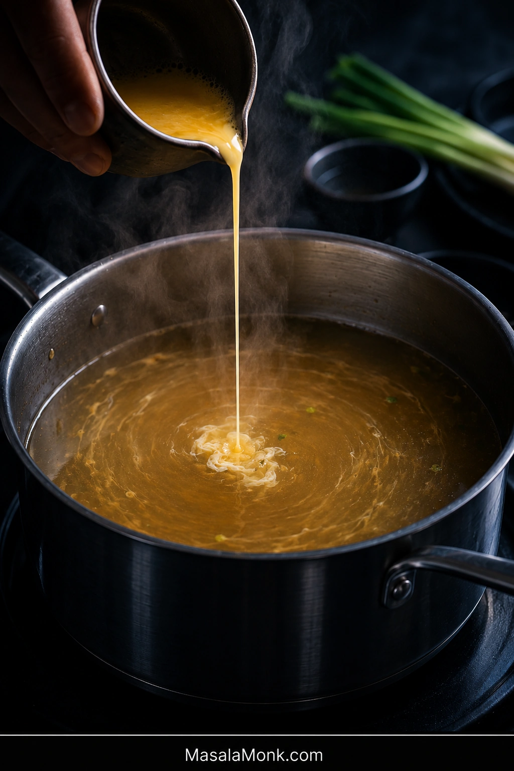 Thin stream of beaten egg being poured from a small spouted cup into mostly clear golden broth with a gentle circular current and the first egg wisps forming.