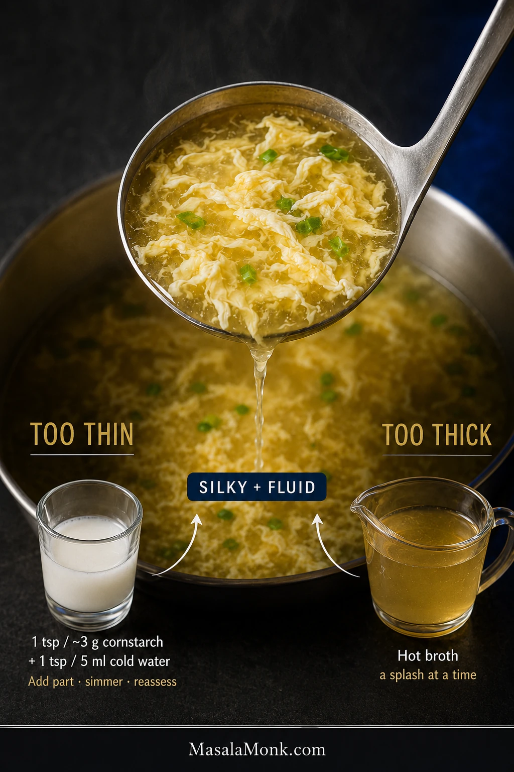 Egg drop soup ladle between a glass of cornstarch slurry for thin soup and a pitcher of hot broth for thick soup, with rescue amounts and a silky-fluid target.