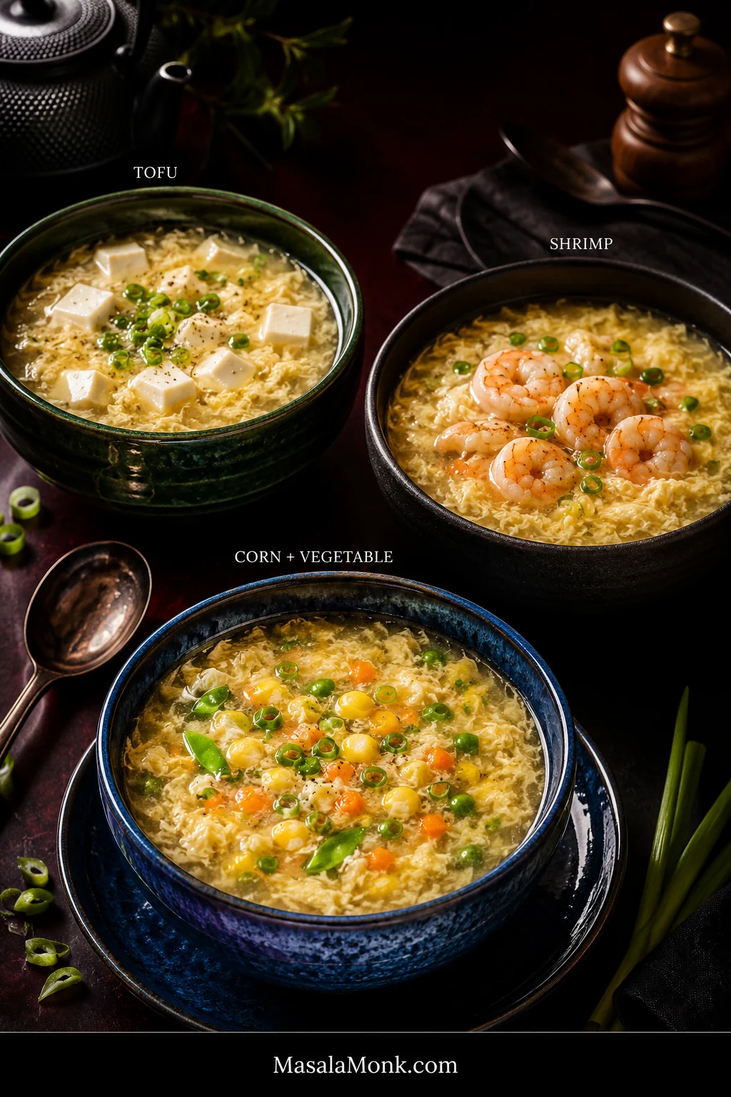 Three bowls of golden egg drop soup show tofu cubes, cooked shrimp, and a corn-and-vegetable variation in green, black, and blue ceramic bowls.