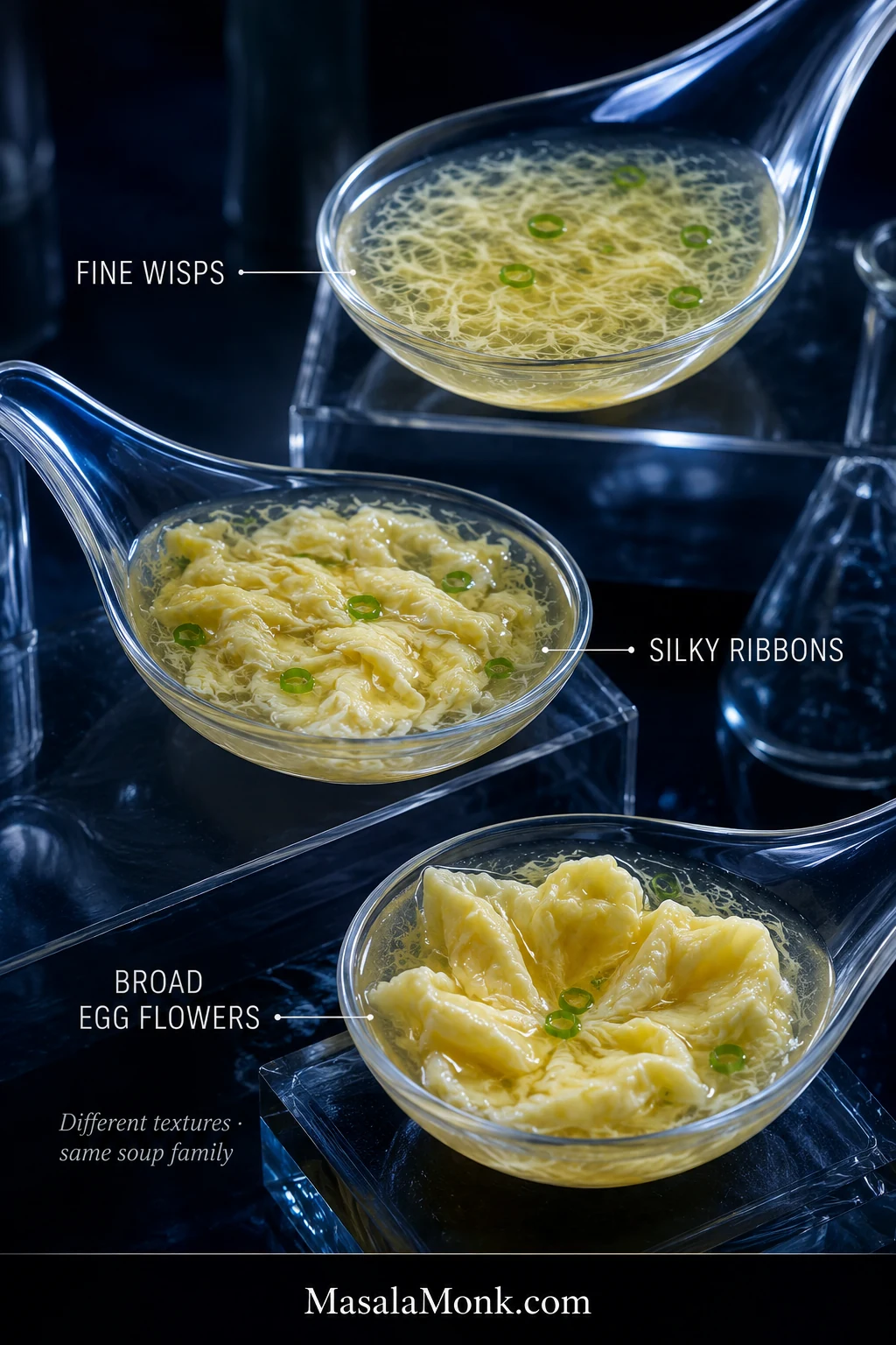 Three clear ladles compare very fine egg wisps, medium silky ribbons, and broad petal-like egg flowers in translucent golden broth.