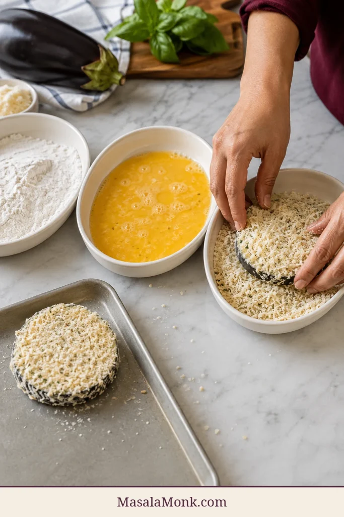 Hands pressing an eggplant round into Parmesan-panko beside shallow dishes of flour and beaten egg.