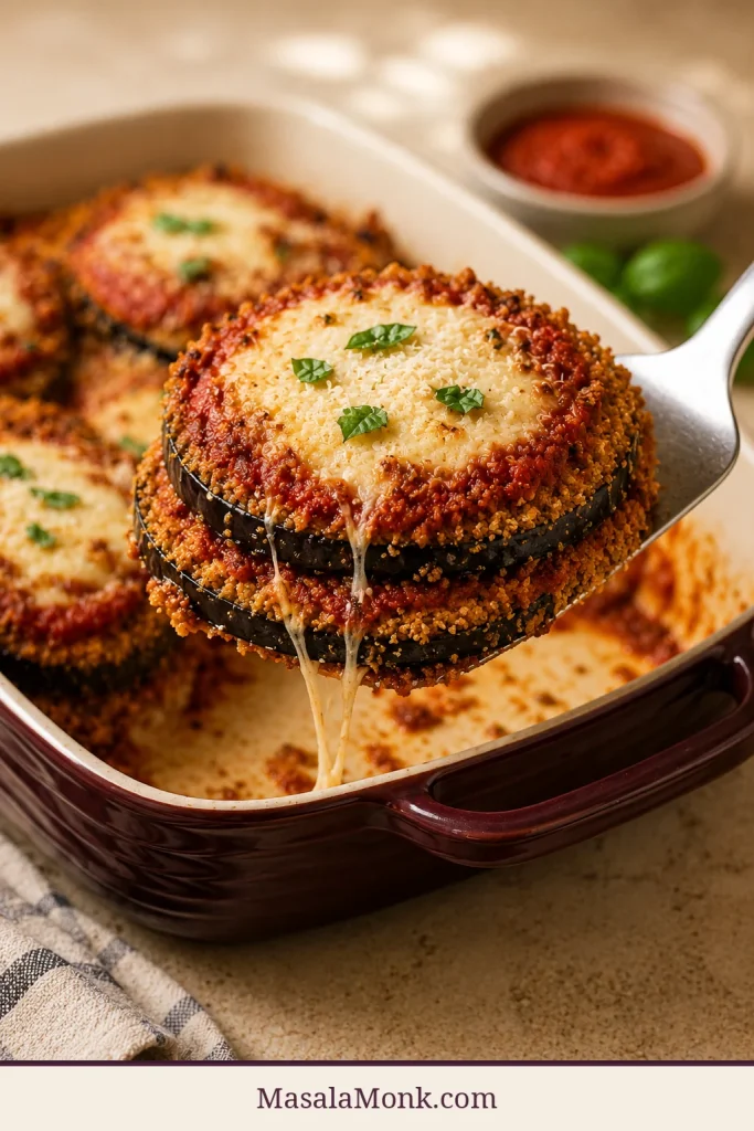 Spatula lifting a clean two-layer serving of Eggplant Parmesan with golden crumbs, tomato sauce and melted cheese.