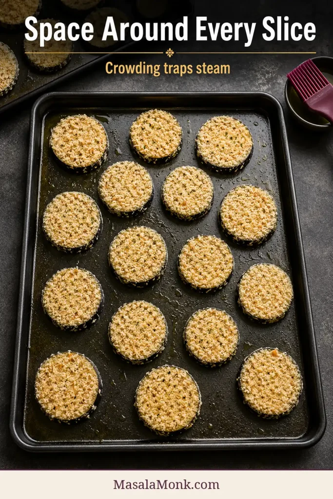 Breaded eggplant rounds arranged in one uncrowded layer on a dark sheet pan with space between them.