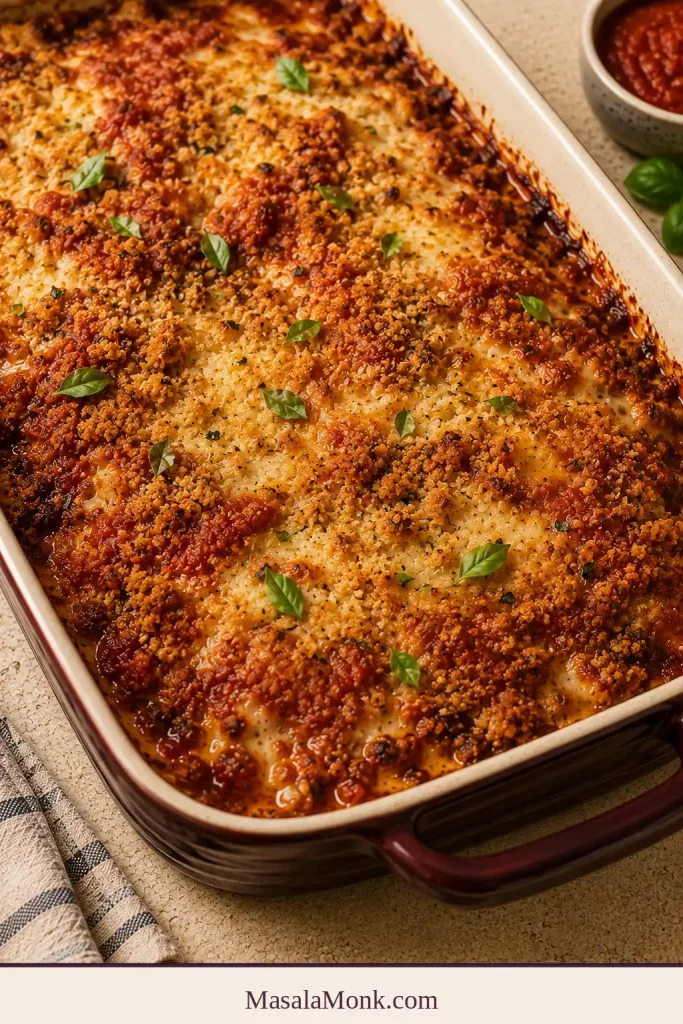 Close-up of baked Eggplant Parmesan with browned cheese, tomato sauce, golden crumbs and scattered basil.