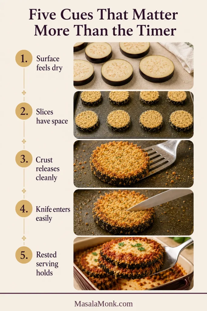 Five-step visual showing dry eggplant, spaced breaded slices, clean crust release, a knife tenderness test and a rested serving.