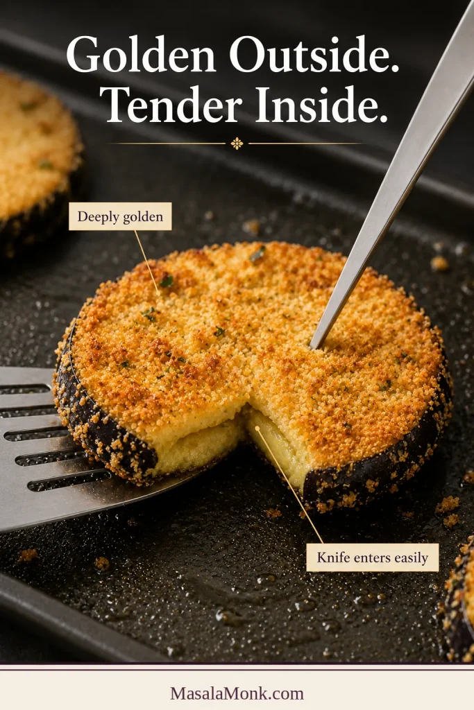 Golden breaded eggplant round cut open as a knife enters its tender centre and a spatula supports it.