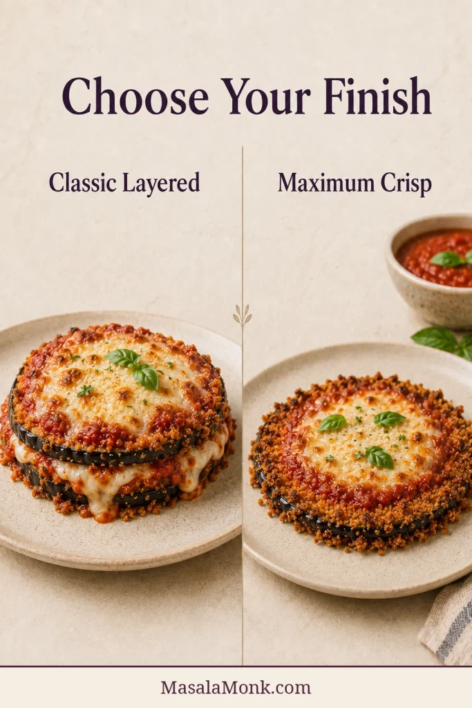 Comparison of layered Eggplant Parmesan and a flatter maximum-crisp version with more exposed golden breading.