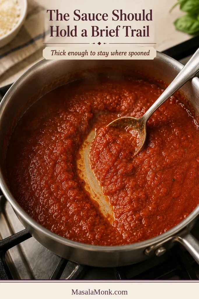 Spoon drawn through thick marinara in a stainless saucepan, leaving a visible trail through the sauce.