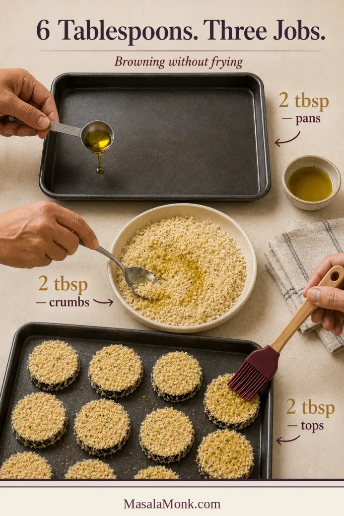 Olive oil measured onto a sheet pan, mixed into crumbs and brushed over breaded eggplant rounds.