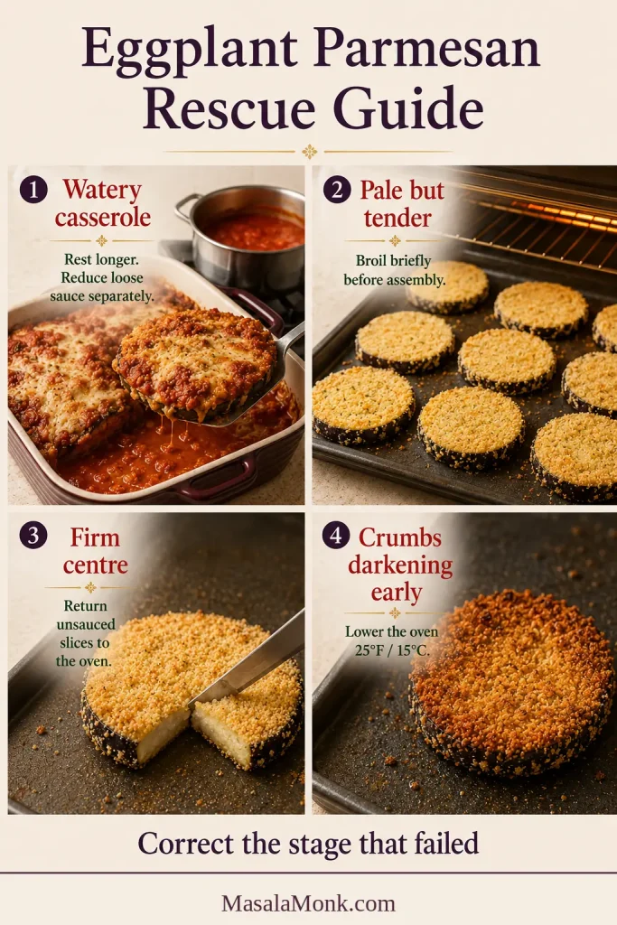 Four-part troubleshooting visual for watery casserole, pale tender slices, firm eggplant centres and crumbs browning too quickly.