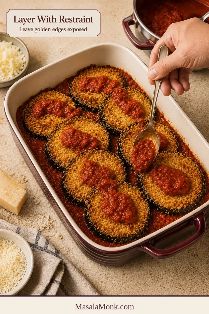 Hand spooning small patches of marinara over overlapping baked eggplant rounds with golden edges exposed.