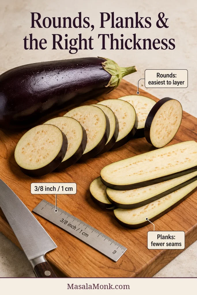 Whole eggplant with one-centimetre rounds and lengthwise planks arranged beside a knife and ruler.