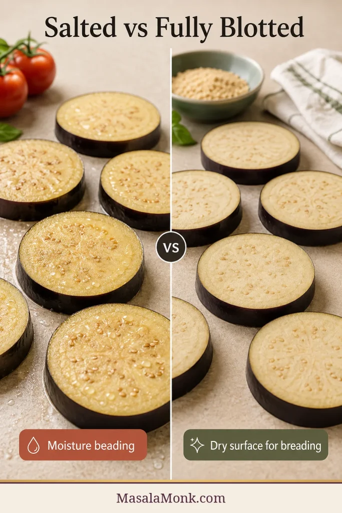 Salted eggplant rounds with visible moisture beads beside fully blotted rounds with dry, matte surfaces.
