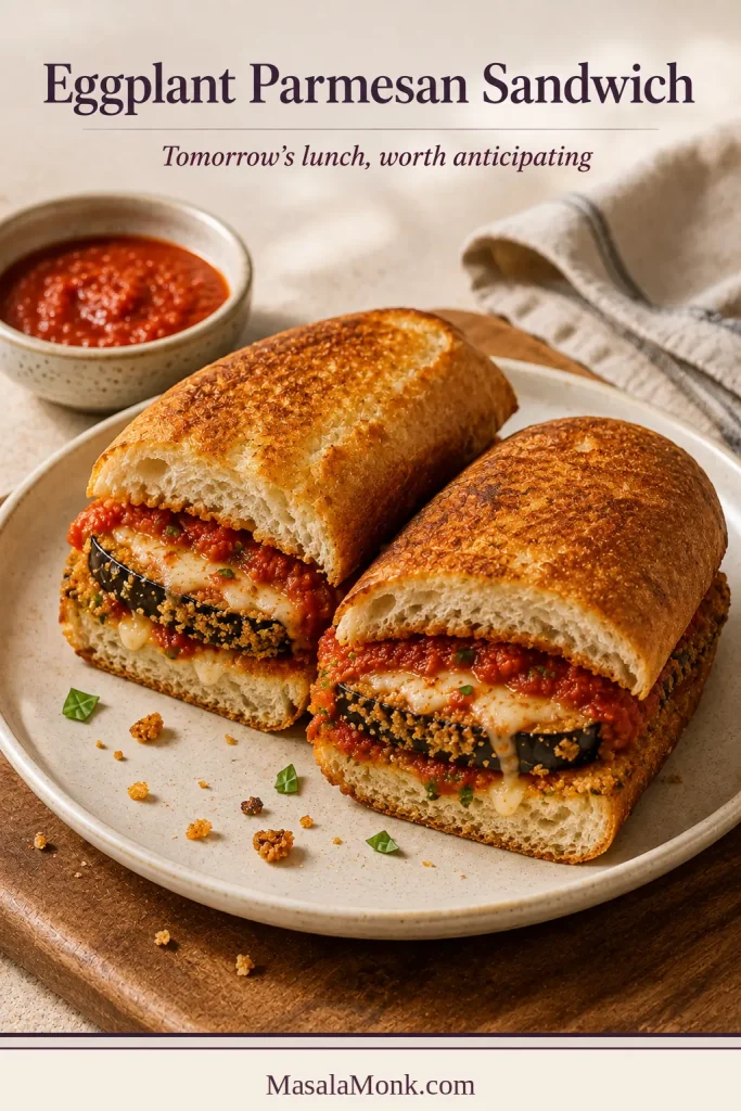 Two toasted Italian-roll halves filled with breaded Eggplant Parmesan, marinara and melted mozzarella.