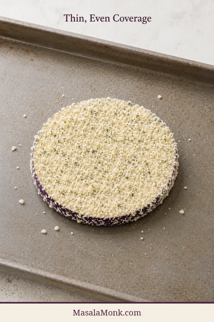 Raw eggplant round covered with a thin, even layer of Parmesan-panko crumbs on a sheet pan.