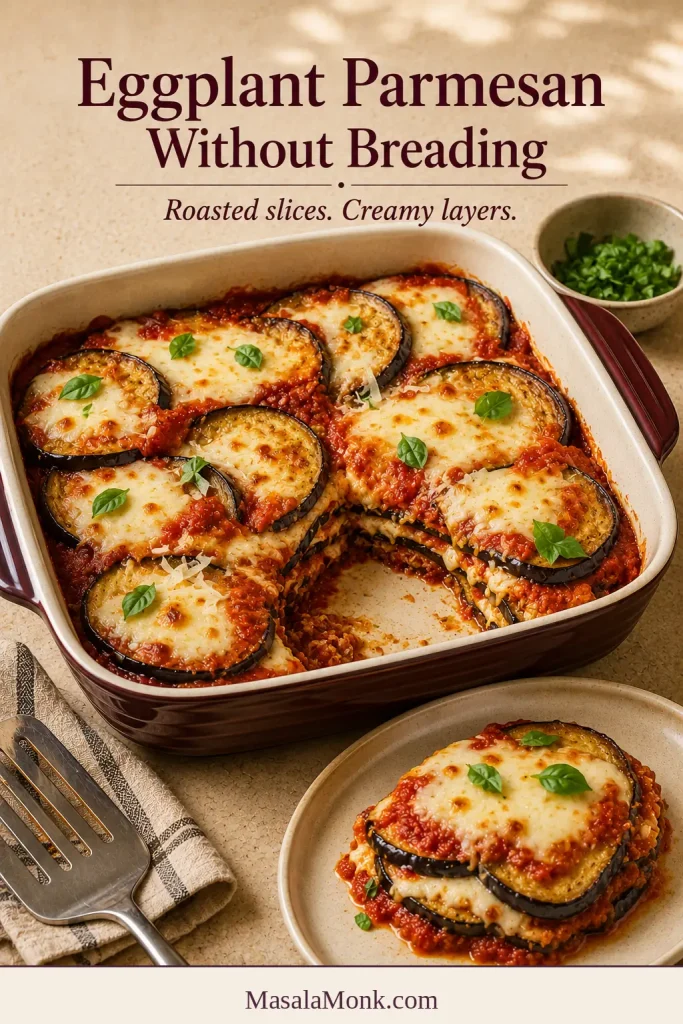 Breadcrumb-free Eggplant Parmesan with roasted eggplant rounds, marinara and melted cheese in a burgundy casserole.