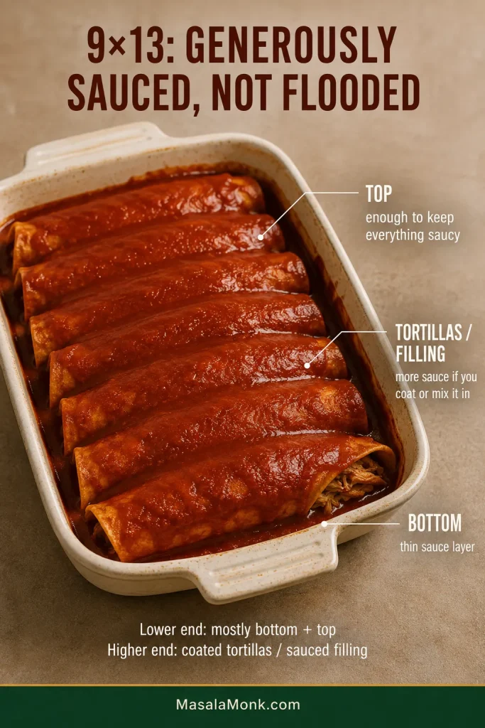 Cream 9×13-inch baking dish of rolled enchiladas with sauce beneath and over the tortillas, with annotations showing where additional sauce may be used.