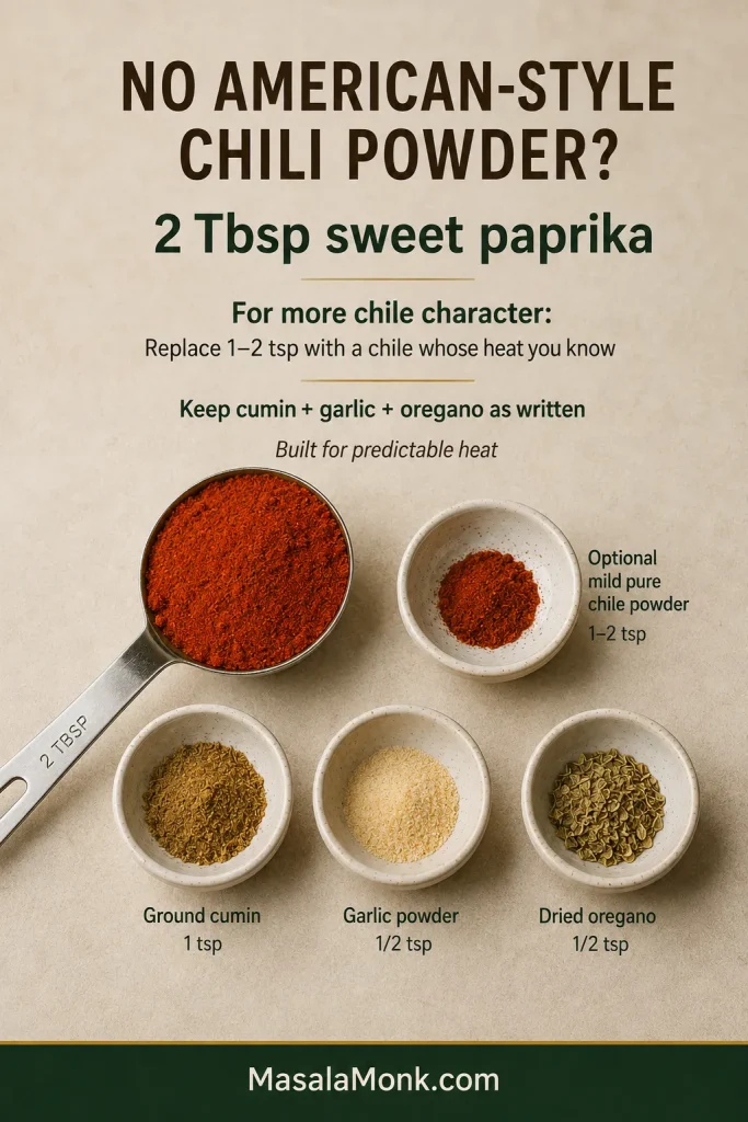 Substitute guide showing 2 tablespoons sweet paprika, an optional 1 to 2 teaspoons mild pure chile, plus cumin, garlic powder and oregano.