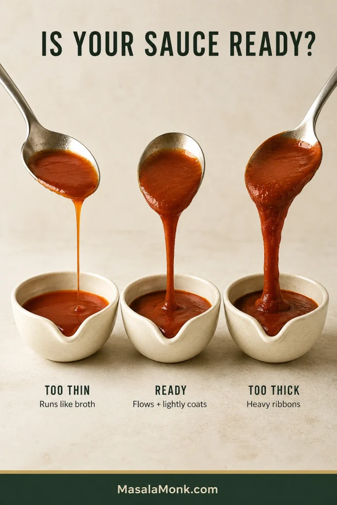 Three spoons compare enchilada sauce consistency: thin sauce runs in a narrow stream, ready sauce flows while coating lightly, and too-thick sauce falls in a heavy ribbon.