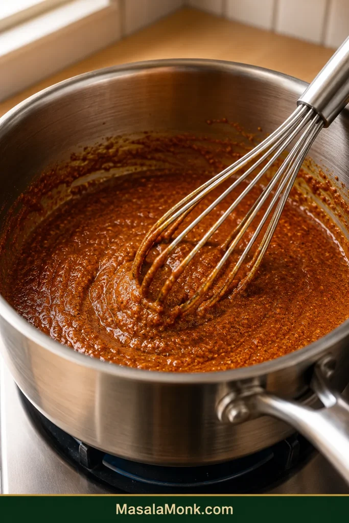 Rust-red chili powder and spices being whisked into a pale roux in a stainless-steel saucepan, forming a glossy paste.