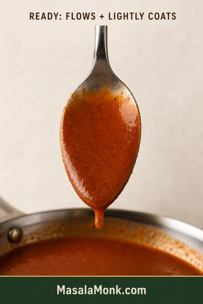 Back of a stainless-steel spoon covered with a thin, even layer of brick-red enchilada sauce, with sauce dripping from its lower edge.