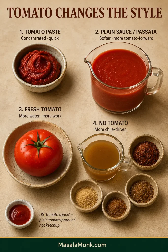 Four enchilada sauce approaches shown with tomato paste, plain tomato sauce or passata, fresh tomato, and a no-tomato broth-and-seasoning base.