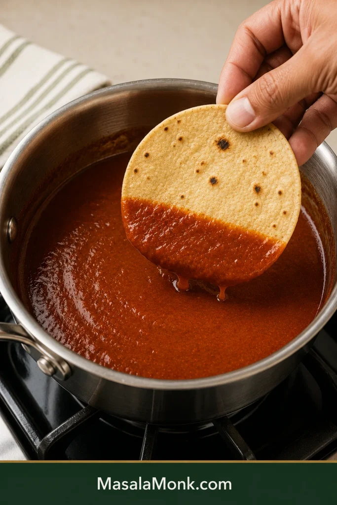 Hand holding a corn tortilla with its lower edge coated in smooth brick-red enchilada sauce and small drips falling toward the saucepan.