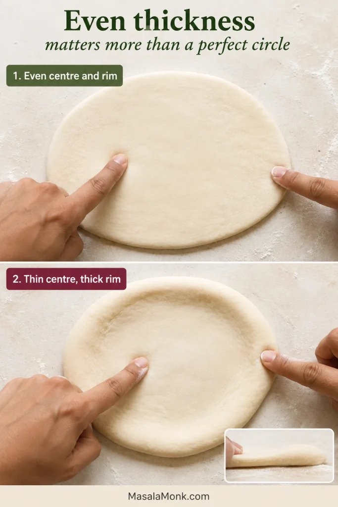 Comparison of evenly rolled pita dough and a round with a thin center and thicker outer rim.