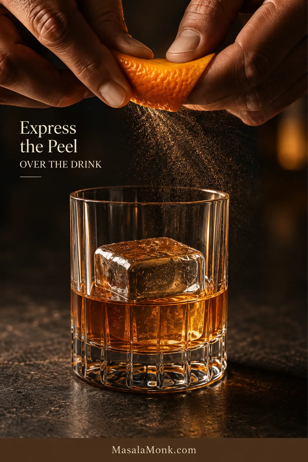 Hands pinching an orange peel over an Old Fashioned and releasing a fine mist of citrus oil above the glass.