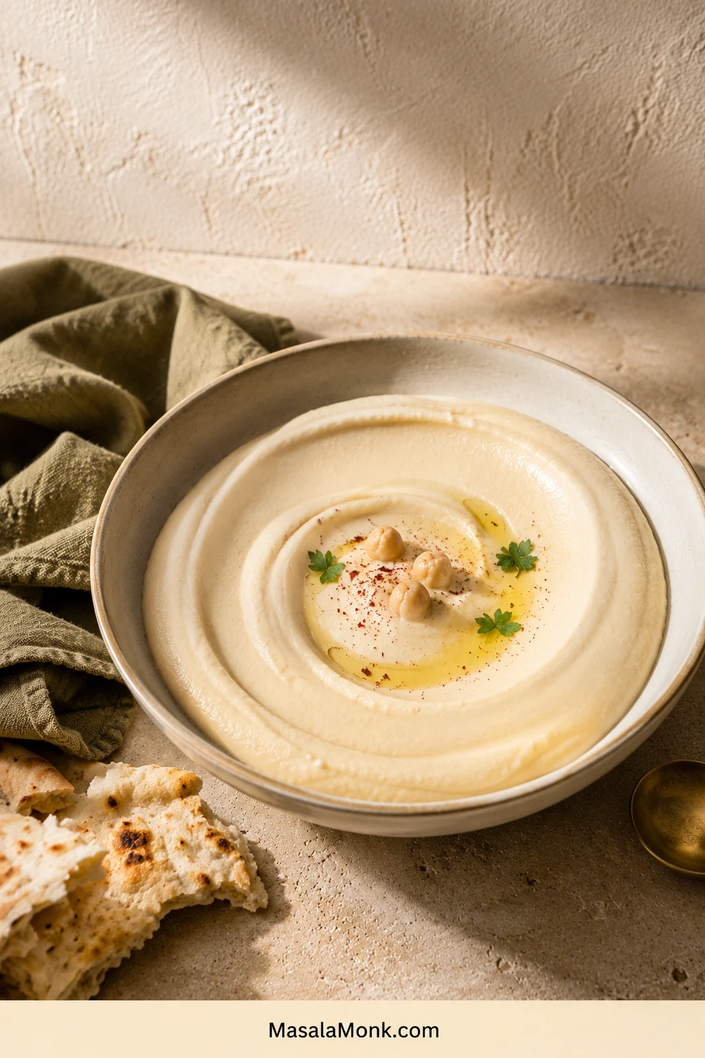 Wide ivory bowl of smooth hummus with olive oil, chickpeas, parsley and red spice, surrounded by warm pita on a pale stone table.