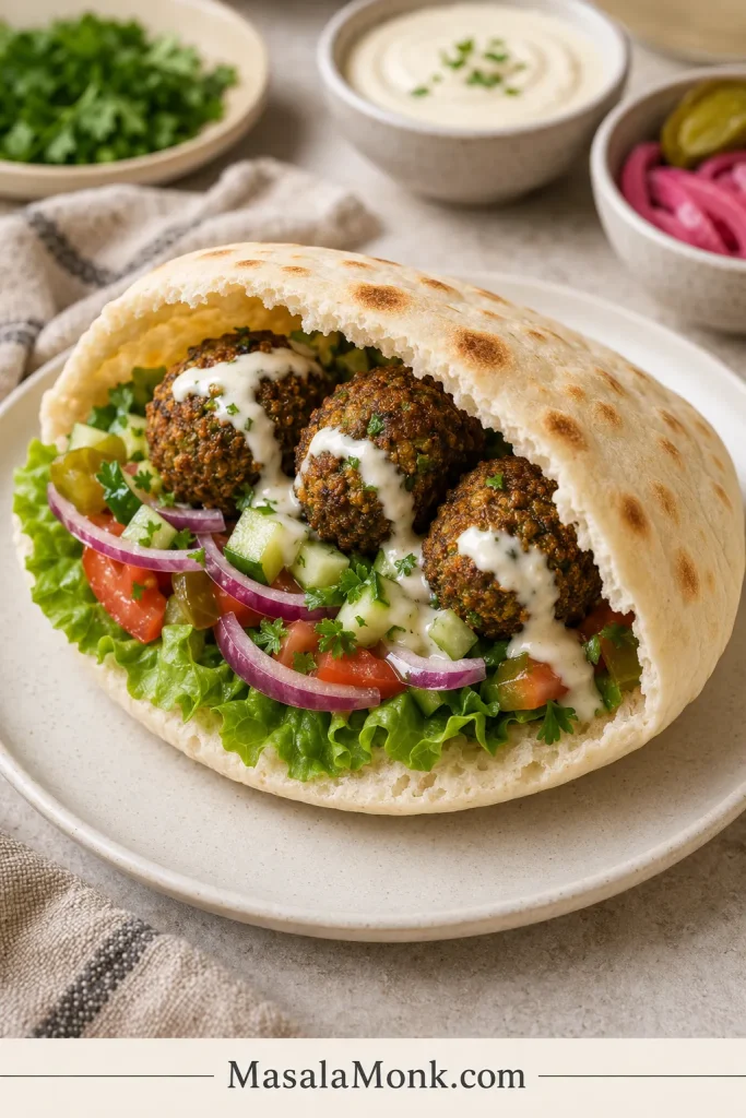 Pita pocket filled with falafel, cucumber, tomato, herbs, pickled turnip and tahini sauce.