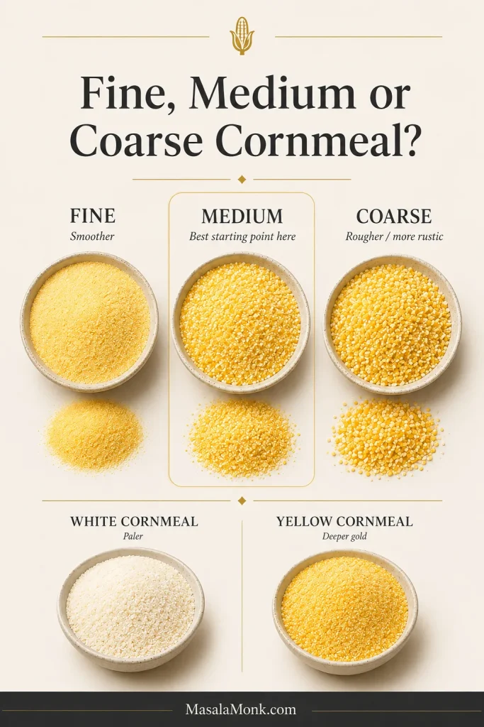 Comparison of fine, medium and coarse cornmeal textures with smaller samples of white and yellow cornmeal.