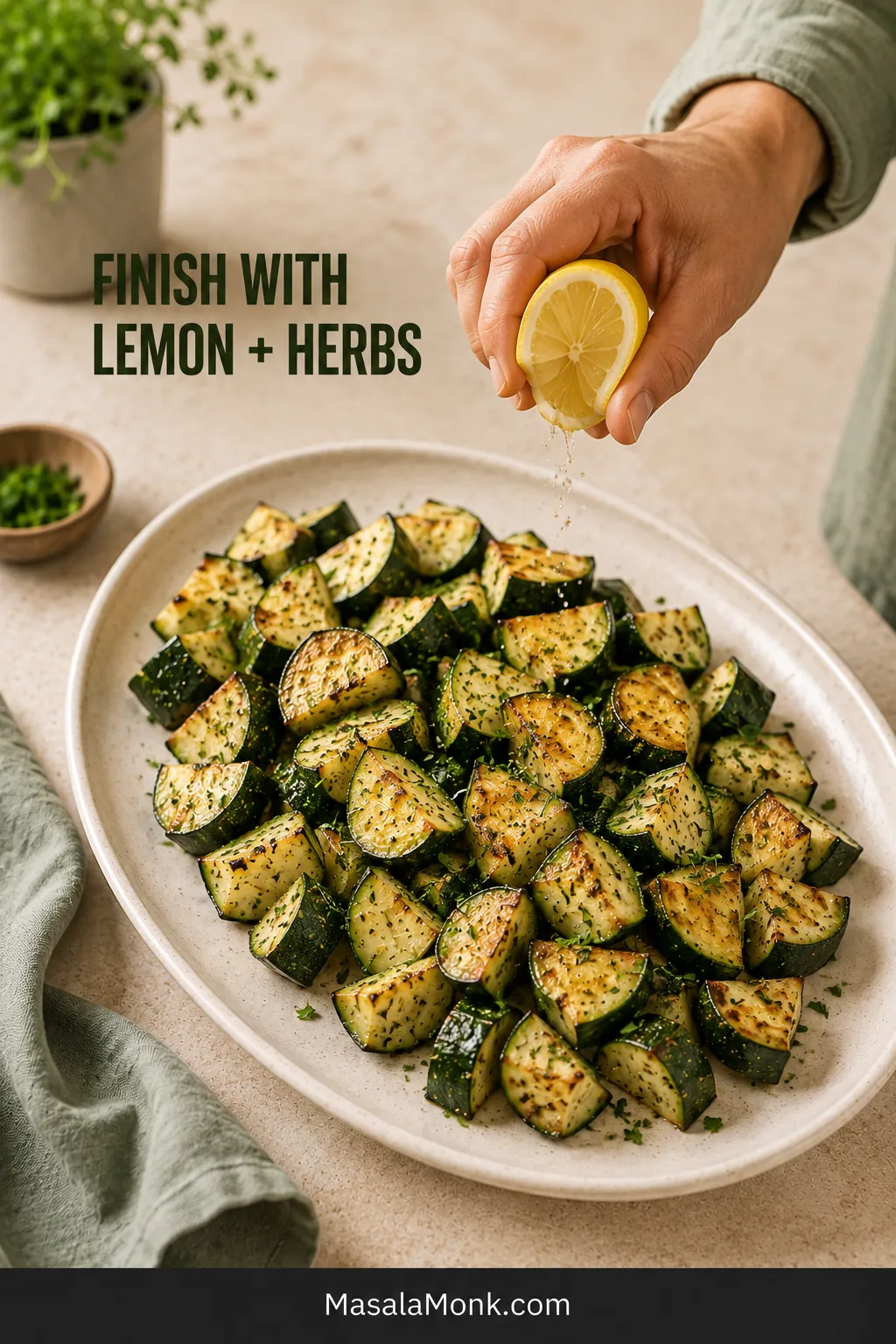 Hand squeezing lemon over browned zucchini spread across a broad white platter and finished with fresh herbs.