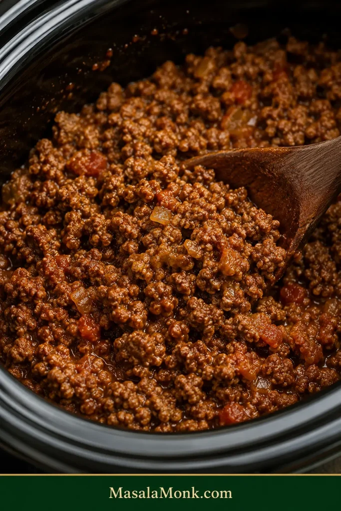 Close-up of finished slow cooker taco meat with distinct medium crumbles, small tomato and onion flecks, a light glossy coating and very little free liquid.