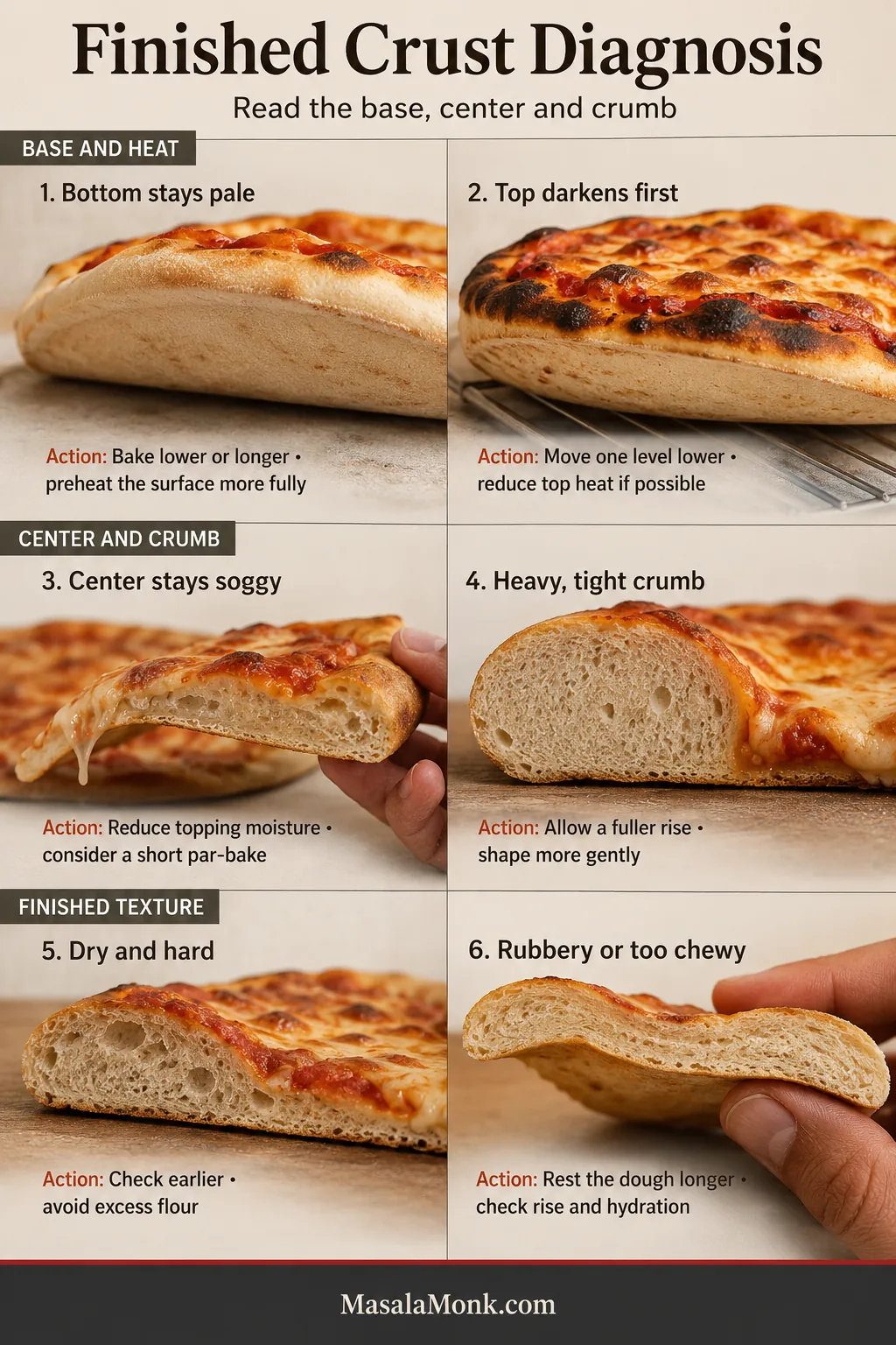 Six-part finished pizza crust guide comparing a pale bottom, darkened top, soggy center, tight crumb, dry crust and dense bendable crust.