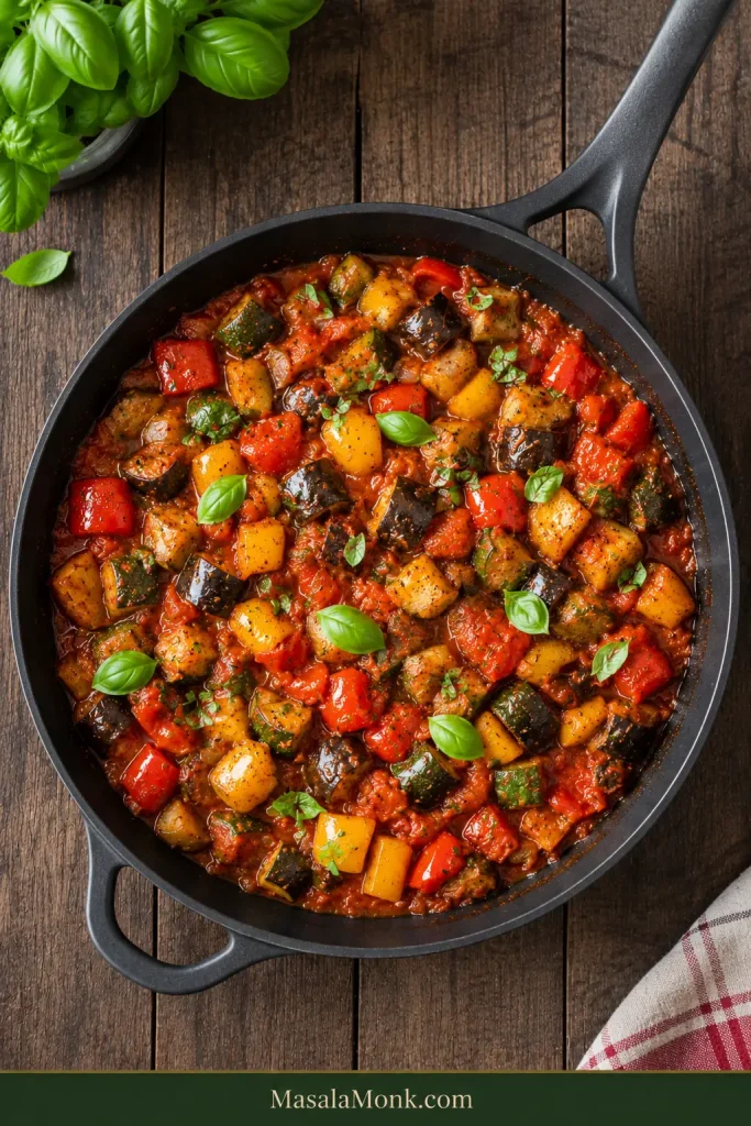 Overhead view of rested ratatouille in a dark pan with visible eggplant, zucchini, peppers, tomato sauce and fresh basil.