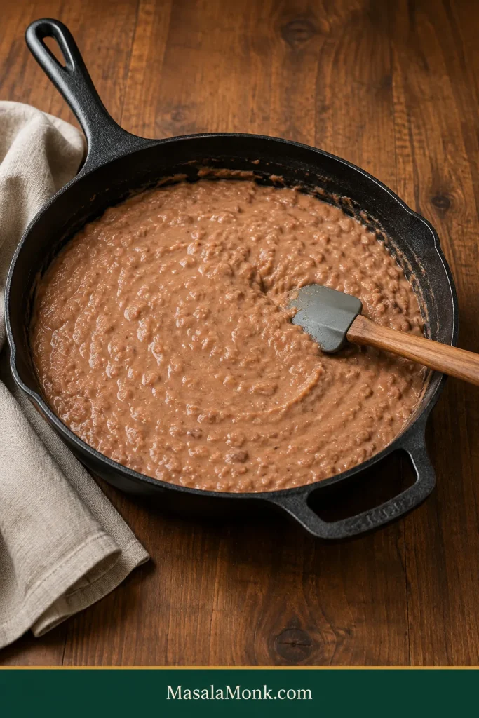 Finished creamy refried beans across a dark skillet with a shallow spatula track and no visible water or oil separation.
