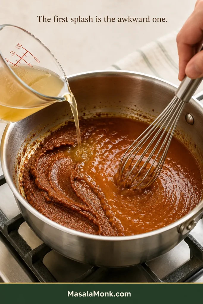 Broth being poured into thick rust-red roux and spice paste while a whisk smooths the mixture into a cohesive sauce.