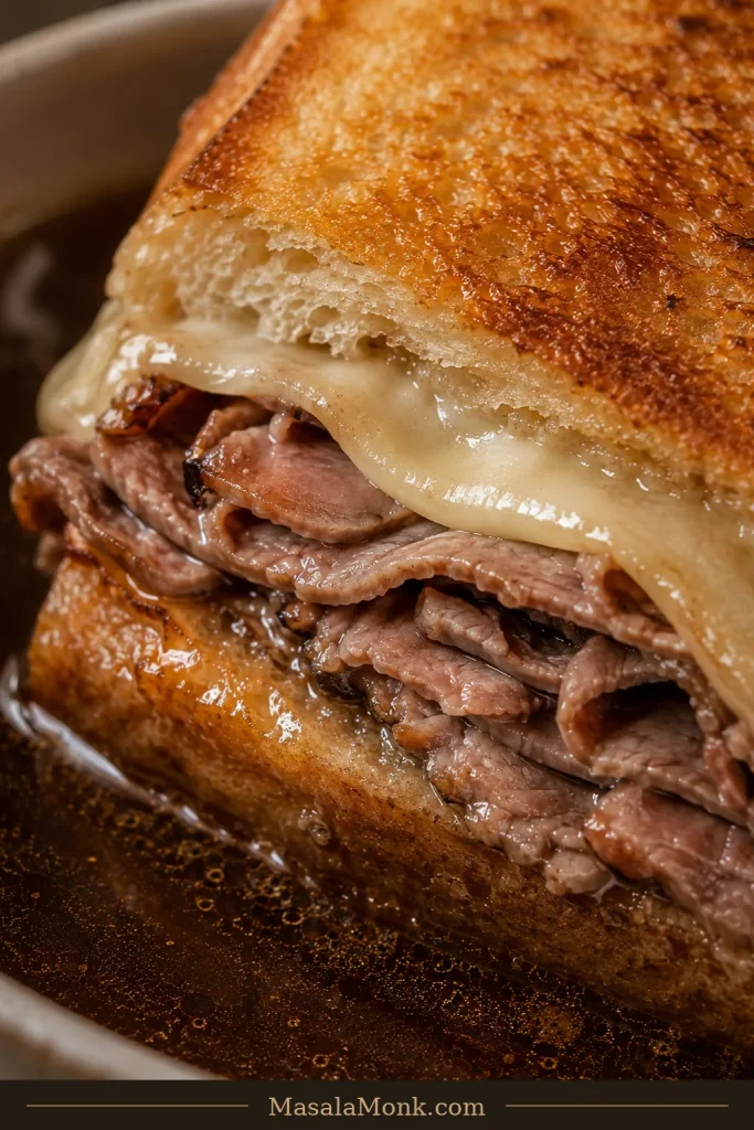 Close-up of a French dip sandwich edge with darker au-jus-soaked crumb below and golden toasted bread above, with roast beef and melted provolone visible.