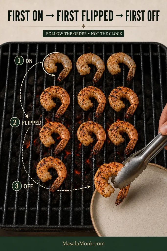 Overhead grill sequence showing shrimp placed, flipped and removed in the same orderly path, with the first shrimp transferred to a clean plate.