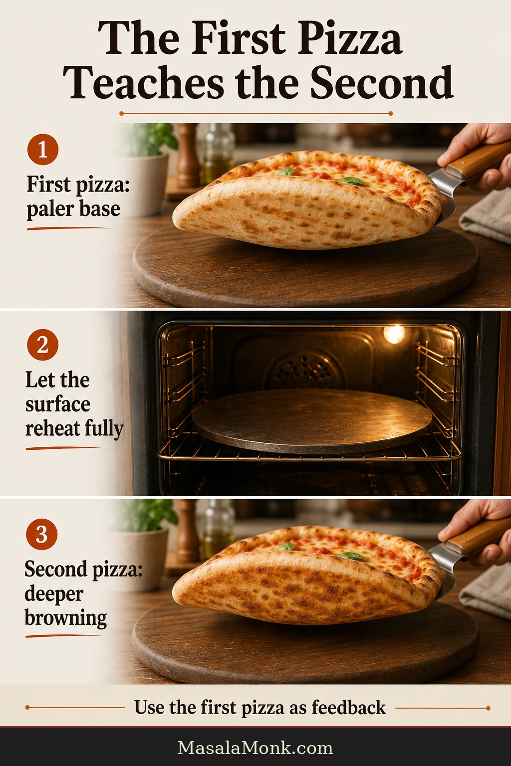 Three-stage guide showing a first pizza with a pale underside, an empty baking surface reheating and a second pizza with deeper browning.