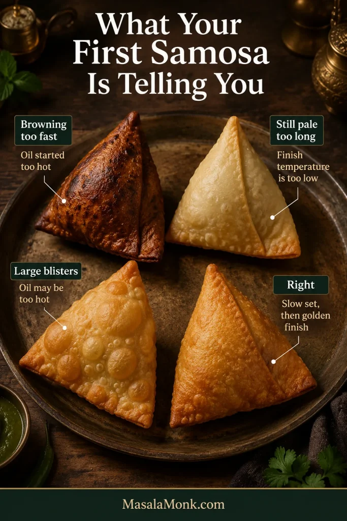 Four fried samosas comparing one that browned too fast, one that stayed too pale, one with large blisters and one with the correct golden crust.