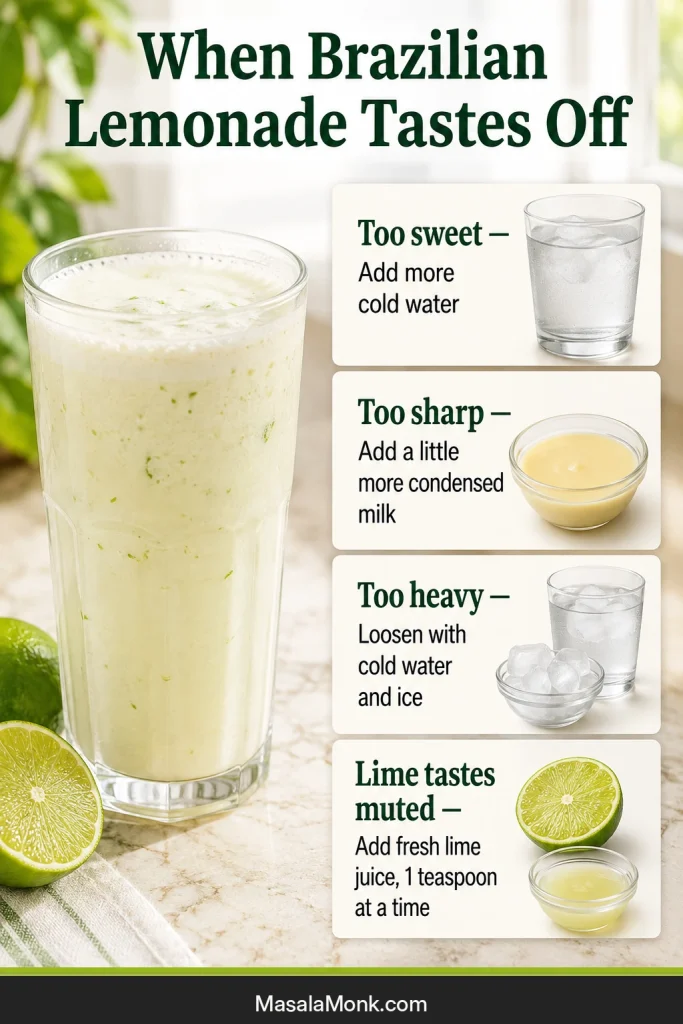 Troubleshooting guide showing adjustments for Brazilian lemonade that tastes too sweet, too sharp, too heavy or muted.