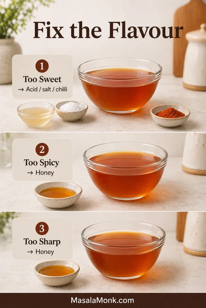 Three smooth bowls of hot honey showing corrections for sauce that is too sweet, too spicy or too sharp, with acid, salt, cayenne and honey nearby.