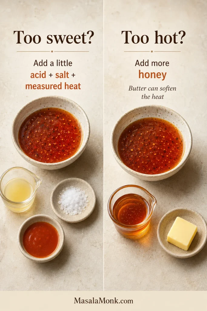 Two-panel troubleshooting guide showing acid, salt, and hot sauce for overly sweet hot honey and honey with optional butter for overly hot sauce.