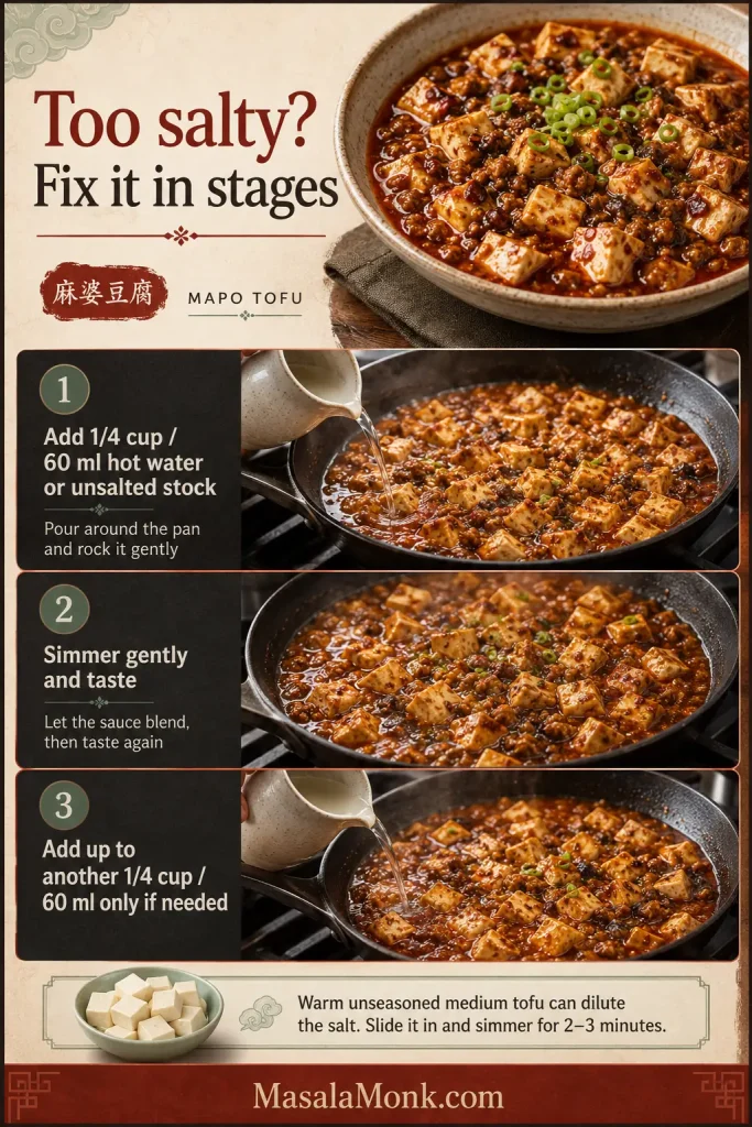 Three-step guide showing hot unsalted liquid poured around mapo tofu, the sauce gently simmered and tasted, and a second small addition used only if needed, with warm unseasoned tofu as a backup.