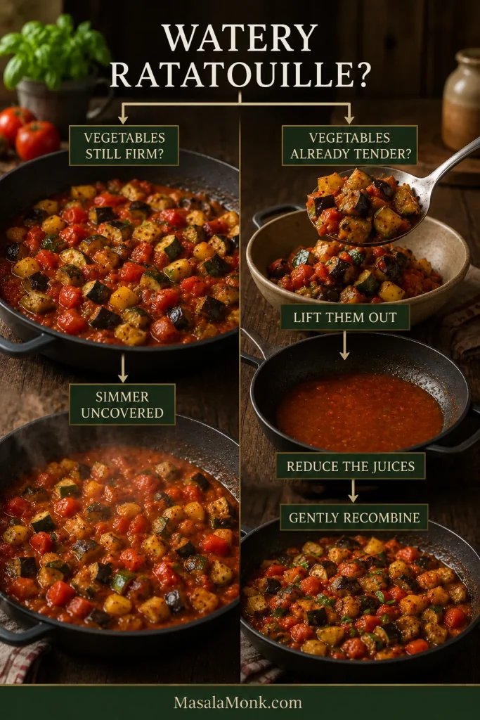 Decision guide showing watery ratatouille simmered uncovered when vegetables are firm, or tender vegetables removed while excess juices reduce before recombining.