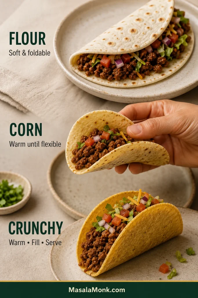 Three taco-shell options: a folded flour tortilla, a warm corn tortilla bending in a hand without cracking, and a crisp golden hard taco shell filled with ground beef and toppings.
