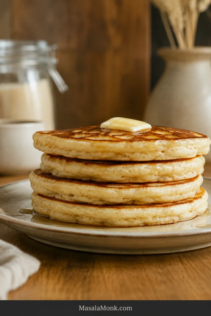 Side view of a stack of four fluffy golden sourdough discard pancakes with melting butter and lightly syruped edges.